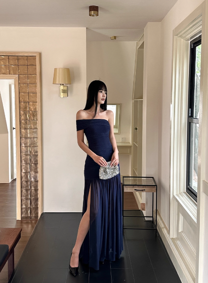 Elegant One Shoulder Sheath Navy Blue Long Prom Dresses Chiffon Navy Blue Evening Dresses DP3875