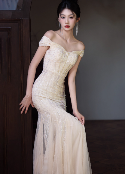 Elegant Off-the-Shoulder Mermaid Long Prom Dresses Tulle Apricot Evening Dresses DP3876