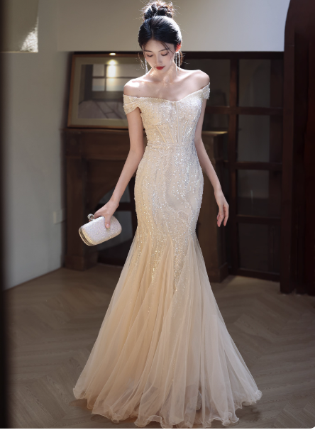 Elegant Off-the-Shoulder Mermaid Long Prom Dresses Tulle Apricot Evening Dresses DP3876