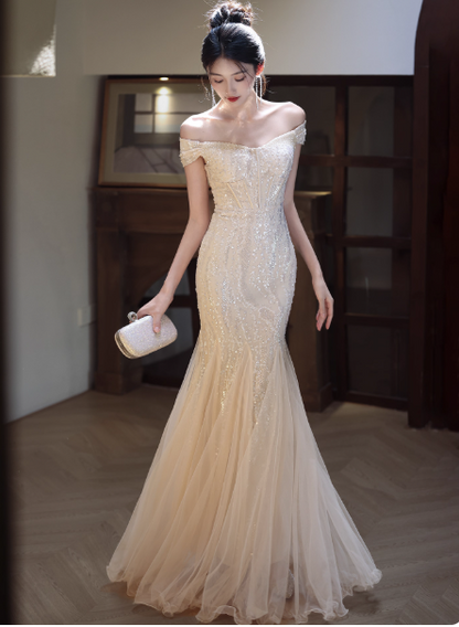 Elegant Off-the-Shoulder Mermaid Long Prom Dresses Tulle Apricot Evening Dresses DP3876