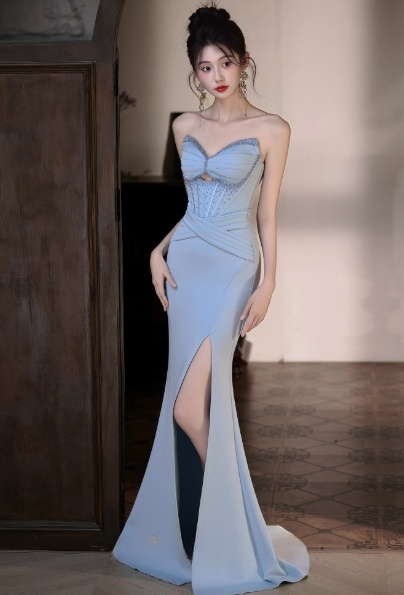Elegant Sweetheart Mermaid Blue Long Prom Dresses with Slit Satin Blue Evening Dresses DP3877