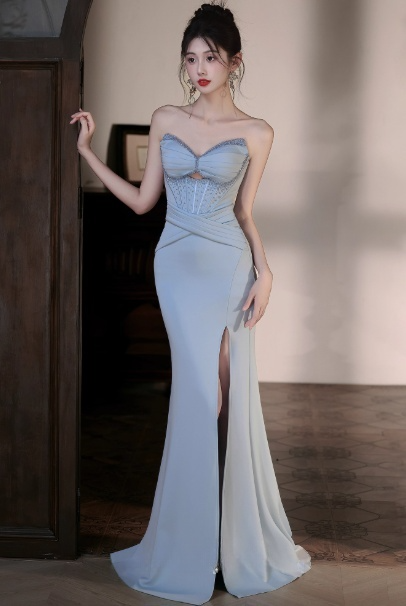 Elegant Sweetheart Mermaid Blue Long Prom Dresses with Slit Satin Blue Evening Dresses DP3877