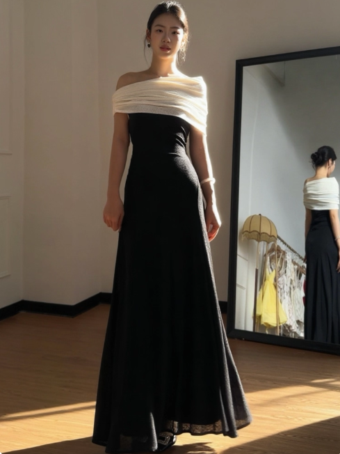 Elegant Off-the-shoulder Sheath Black Long Prom Dresses Satin Black Evening Dresses DP3878