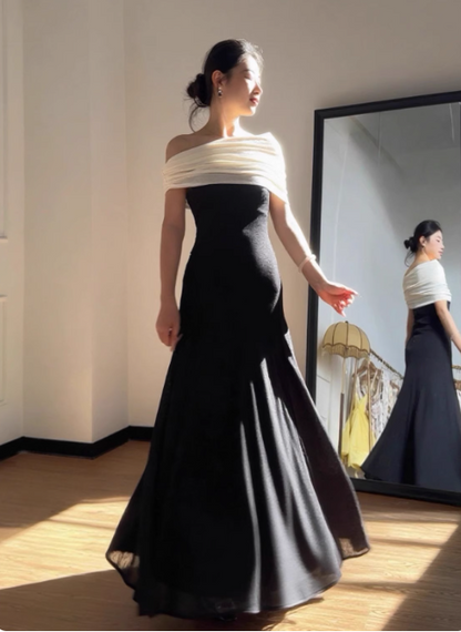 Elegant Off-the-shoulder Sheath Black Long Prom Dresses Satin Black Evening Dresses DP3878