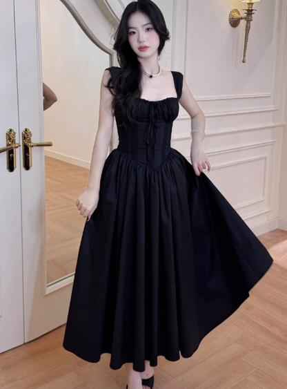 Elegant Strap A-Line Black Long Prom Dresses Satin Black Long Birthday Dresses DP3879