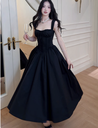 Elegant Strap A-Line Black Long Prom Dresses Satin Black Long Birthday Dresses DP3879