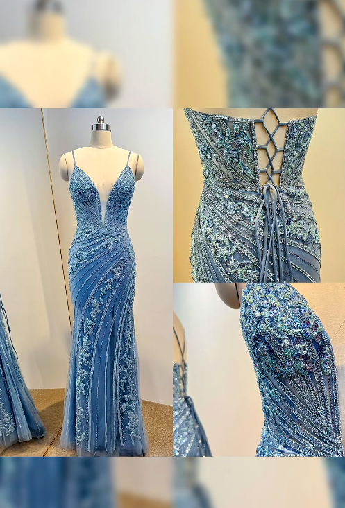 Chic Sheath Blue Long Prom Dresses Sleeveless Beaded Tulle Blue Formal Dresses DP3881