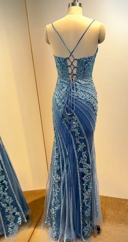 Chic Sheath Blue Long Prom Dresses Sleeveless Beaded Tulle Blue Formal Dresses DP3881