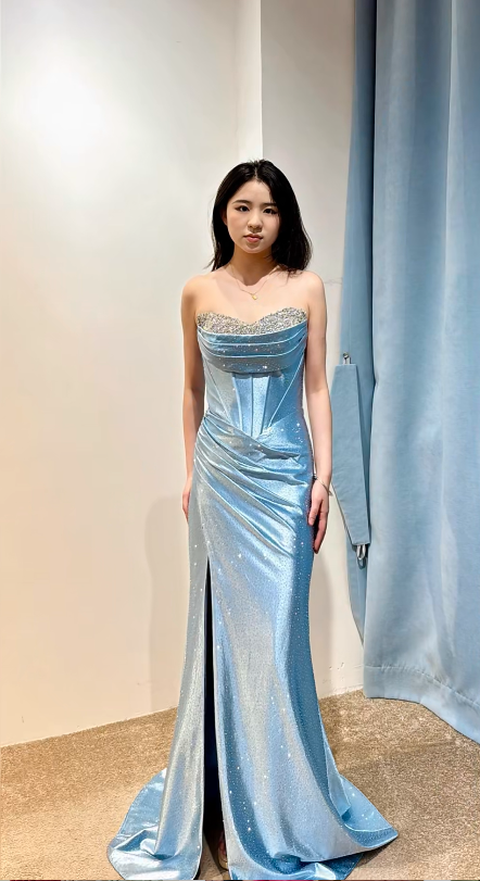 Chic Strapless Sheath Blue Long Prom Dresses Sleeveless Satin Blue Formal Dresses DP3882