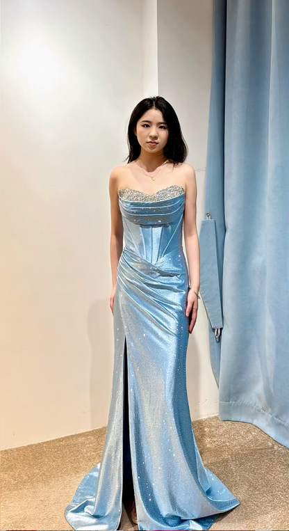 Chic Strapless Sheath Blue Long Prom Dresses Sleeveless Satin Blue Formal Dresses DP3882