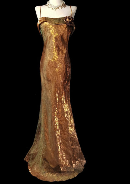 Vintage Spaghetti Strap Sheath Gold Long Prom Dresses Sleeveless Satin Gold Formal Dresses DP3883