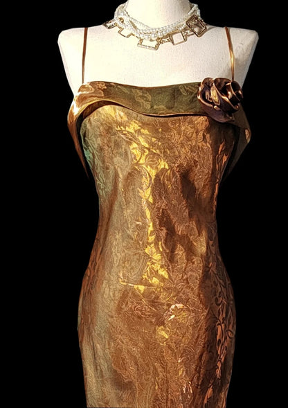 Vintage Spaghetti Strap Sheath Gold Long Prom Dresses Sleeveless Satin Gold Formal Dresses DP3883