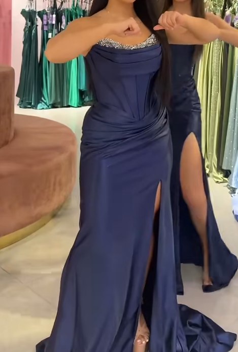 Elegant Strapless Sheath Navy Blue Long Prom Dresses Sleeveless Satin Navy Blue Formal Dresses DP3884
