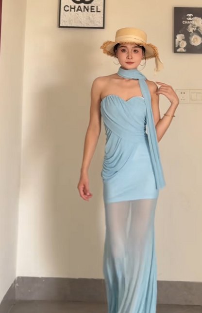 Elegant Sweetheart Neck Sheath Blue Long Prom Dresses Sleeveless Chiffon Blue Wedding Guest Dresses DP3886