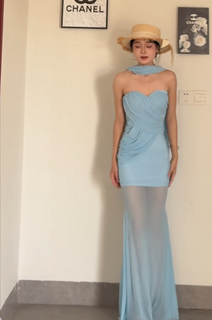 Elegant Sweetheart Neck Sheath Blue Long Prom Dresses Sleeveless Chiffon Blue Wedding Guest Dresses DP3886