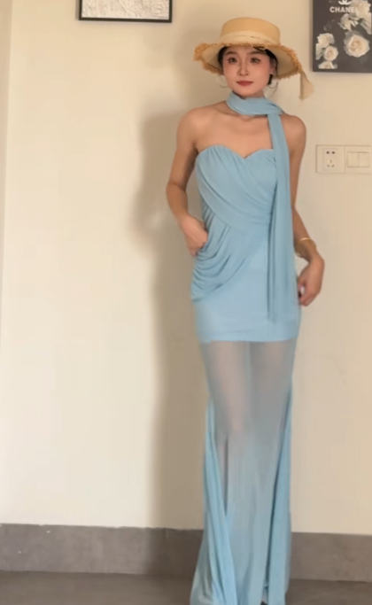 Elegant Sweetheart Neck Sheath Blue Long Prom Dresses Sleeveless Chiffon Blue Wedding Guest Dresses DP3886