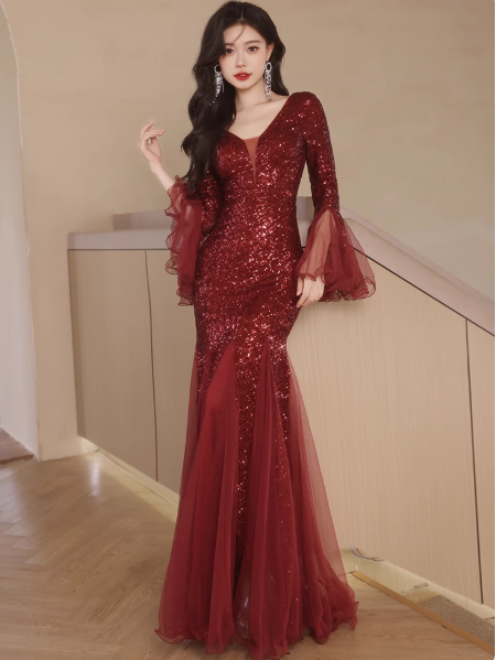 Elegant V-neck Mermaid Burgundy Mother of the Bride Dresses Long Sleeve Burgundy Evening Dresses DP3887