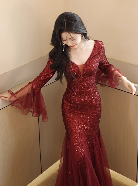 Elegant V-neck Mermaid Burgundy Mother of the Bride Dresses Long Sleeve Burgundy Evening Dresses DP3887