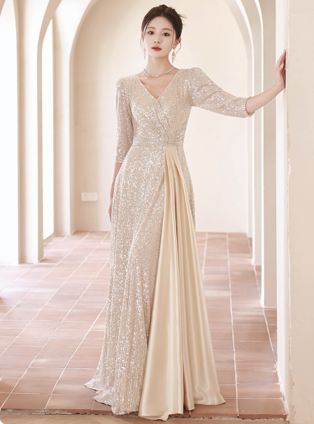 Elegant V-neck Mermaid Champagne Mother of the Bride Dresses Long Sleeve Champagne Evening Dresses DP3888
