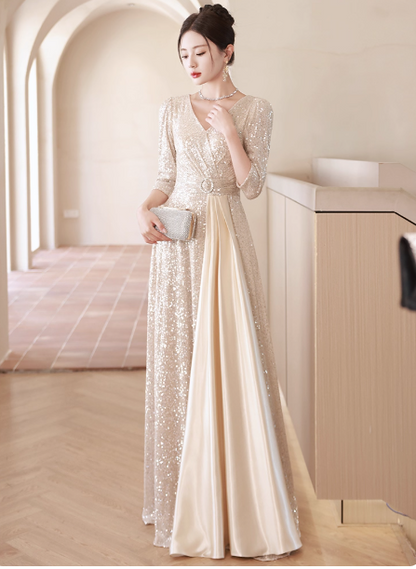 Elegant V-neck Mermaid Champagne Mother of the Bride Dresses Long Sleeve Champagne Evening Dresses DP3888