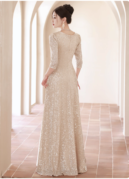 Elegant V-neck Mermaid Champagne Mother of the Bride Dresses Long Sleeve Champagne Evening Dresses DP3888
