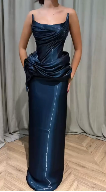 Elegant Strapless Sheath Navy Long Prom Dresses Satin Navy Eevning Dresses DP3900