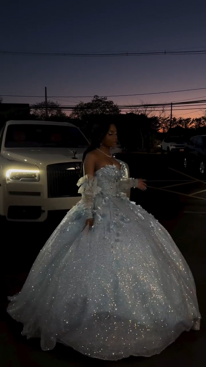 Cute Off-the-shoulder Ball Gown Tulle Long Prom Dresses Applique Blue Quinceanera Dresses Sweet 16 Dresses DP3901