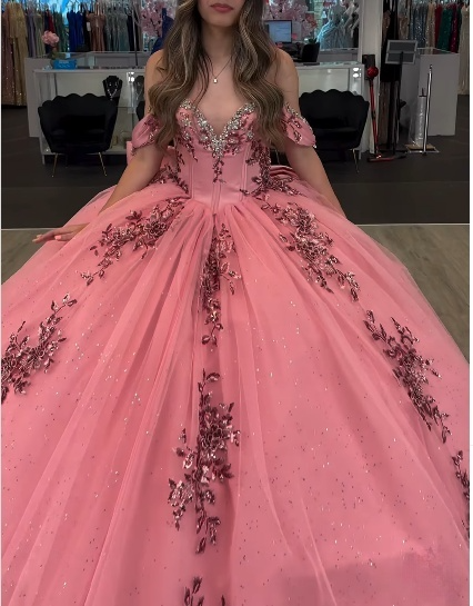 Cute Off-the-shoulder Ball Gown Tulle Long Prom Dresses Applique Pink Quinceanera Dresses Sweet 16 Dresses DP3902