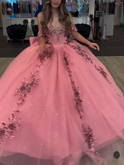 Cute Off-the-shoulder Ball Gown Tulle Long Prom Dresses Applique Pink Quinceanera Dresses Sweet 16 Dresses DP3902