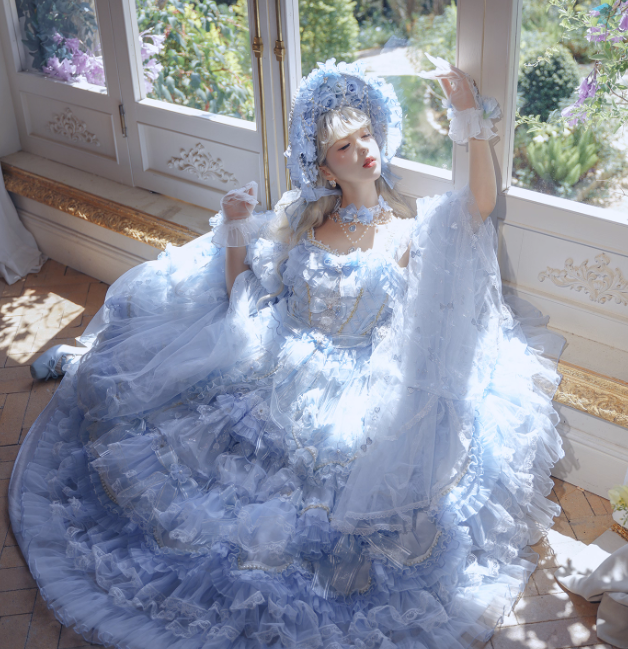 Cute Strap Ball Gown Lace Tulle Blue Birthday Dresses Blue Lolita Dresses DP3903