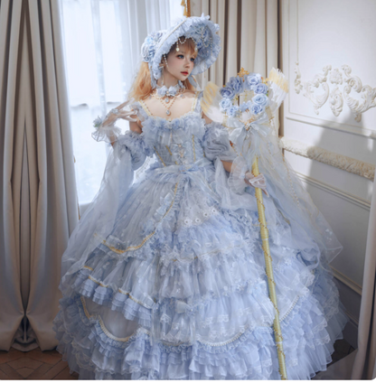 Cute Strap Ball Gown Lace Tulle Blue Birthday Dresses Blue Lolita Dresses DP3903