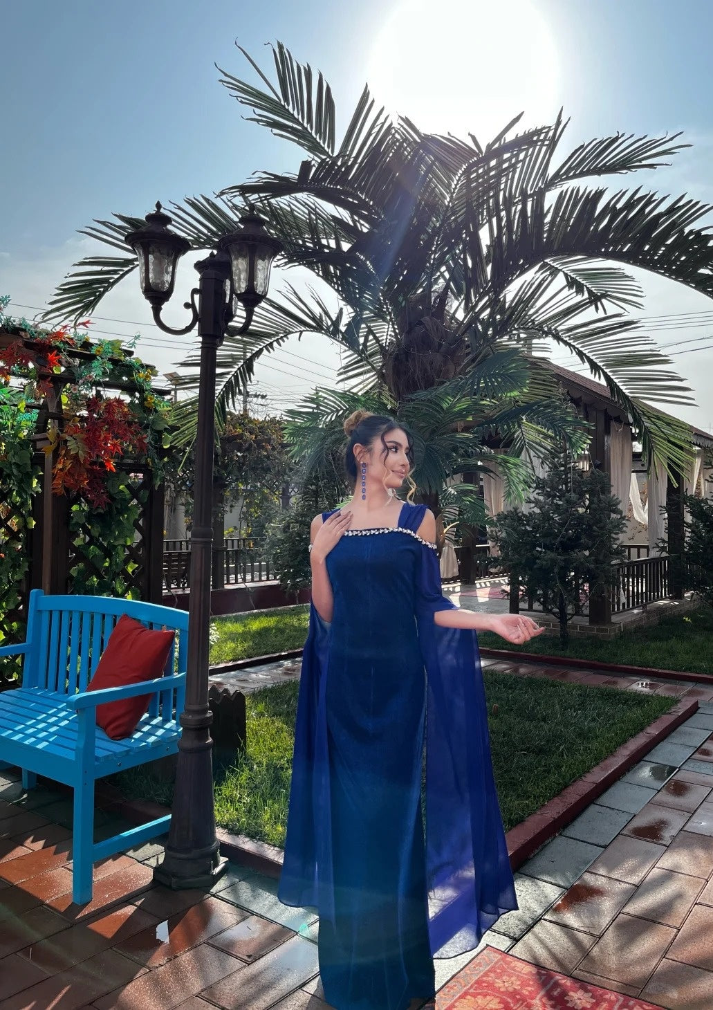 Elegant Sheath Blue Long Prom Dresses Off-the-shoulder Long-sleeved Blue Evening Dresses DP3908