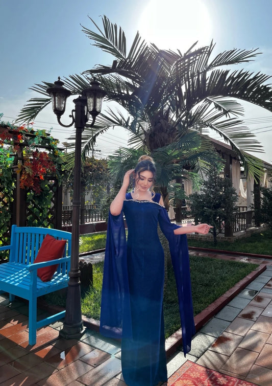 Elegant Sheath Blue Long Prom Dresses Off-the-shoulder Long-sleeved Blue Evening Dresses DP3908