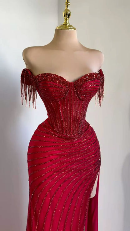 Elegant Sheath Burgundy Long Prom Dresses Off-the-shoulder Beaded Tulle Burgundy Evening Dresses DP3909
