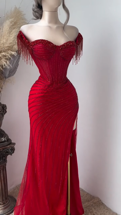 Elegant Sheath Burgundy Long Prom Dresses Off-the-shoulder Beaded Tulle Burgundy Evening Dresses DP3909