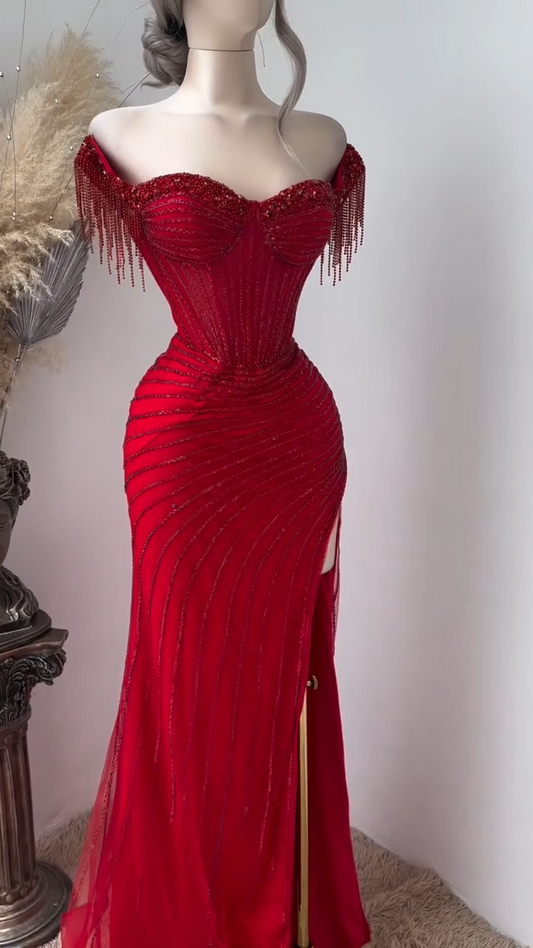 Elegant Sheath Burgundy Long Prom Dresses Off-the-shoulder Beaded Tulle Burgundy Evening Dresses DP3909