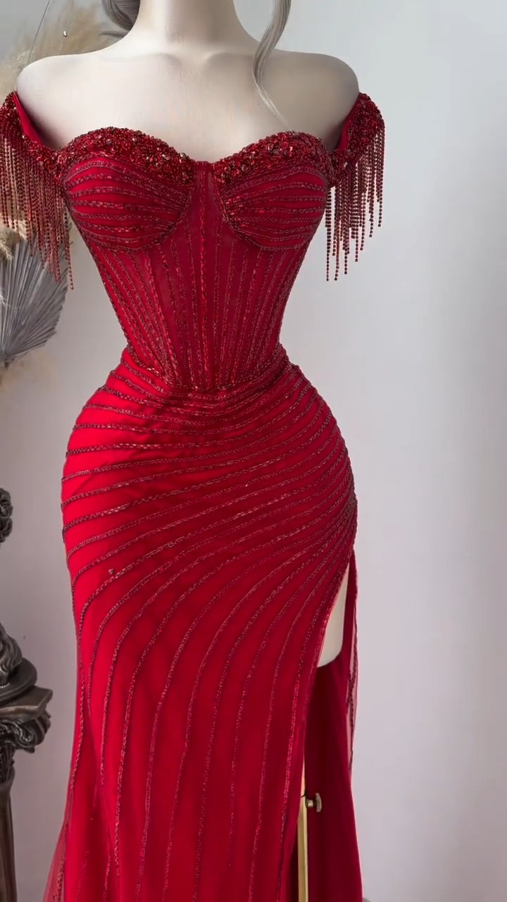 Elegant Sheath Burgundy Long Prom Dresses Off-the-shoulder Beaded Tulle Burgundy Evening Dresses DP3909