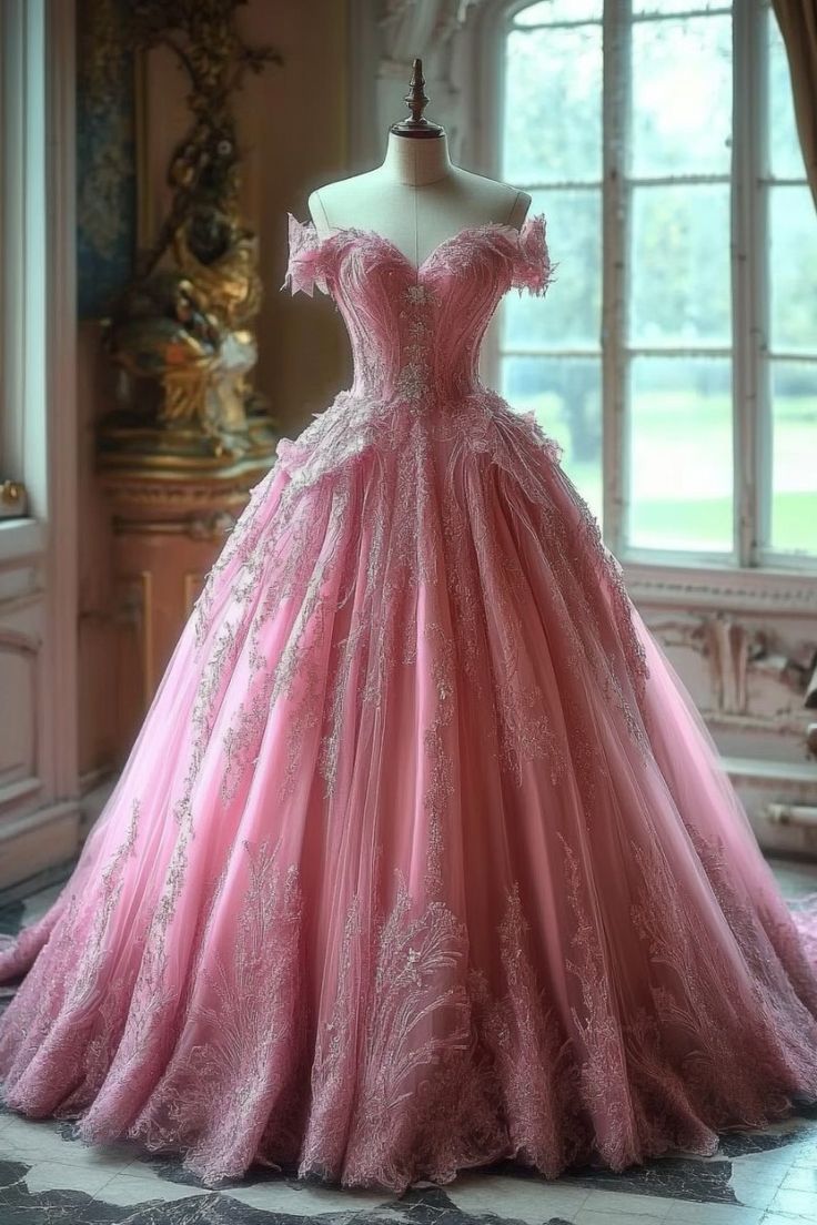 Cute Off-the-shoulder Ball Gown Tulle Long Prom Dresses Applique Pink Quinceanera Dresses Sweet 16 Dresses DP3910