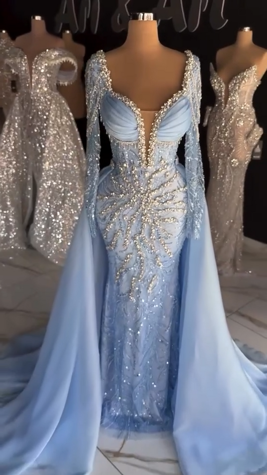 Elegant Sheath Blue Long Prom Dresses Sweetheart Neck Beaded Chiffon Blue Evening Dresses DP3912