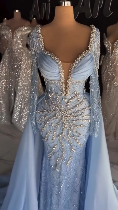 Elegant Sheath Blue Long Prom Dresses Sweetheart Neck Beaded Chiffon Blue Evening Dresses DP3912