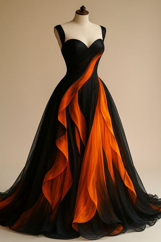 Elegant A-Line Black/Orange Long Prom Dresses Sleeveless Tulle Long Evening Dresses DP3914