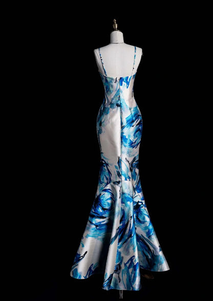 Elegant Mermaid Blue Long Prom Dresses Sleeveless Printed Satin Blue/White Long Evening Dresses DP3915