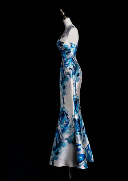 Elegant Mermaid Blue Long Prom Dresses Sleeveless Printed Satin Blue/White Long Evening Dresses DP3915