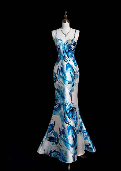 Elegant Mermaid Blue Long Prom Dresses Sleeveless Printed Satin Blue/White Long Evening Dresses DP3915