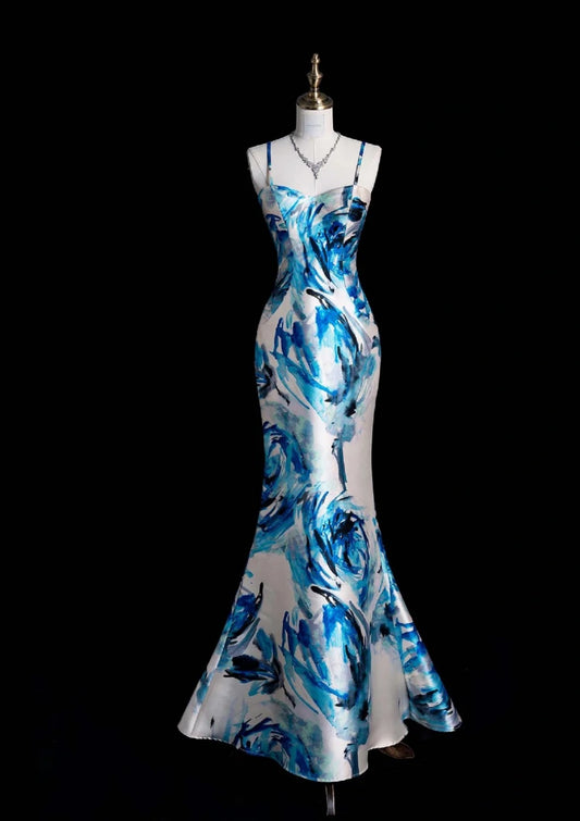 Elegant Mermaid Blue Long Prom Dresses Sleeveless Printed Satin Blue/White Long Evening Dresses DP3915