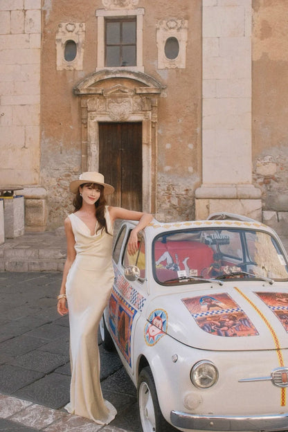 Elegant White Sheath Long Prom Dresses Open Back Sleeveless Evening Dresses DP3916