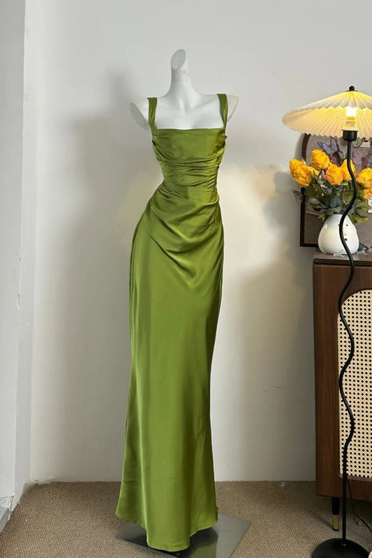 Elegant Strapless Green Sheath Long Prom Dresses Satin Sleeveless Green Evening Dresses DP3917