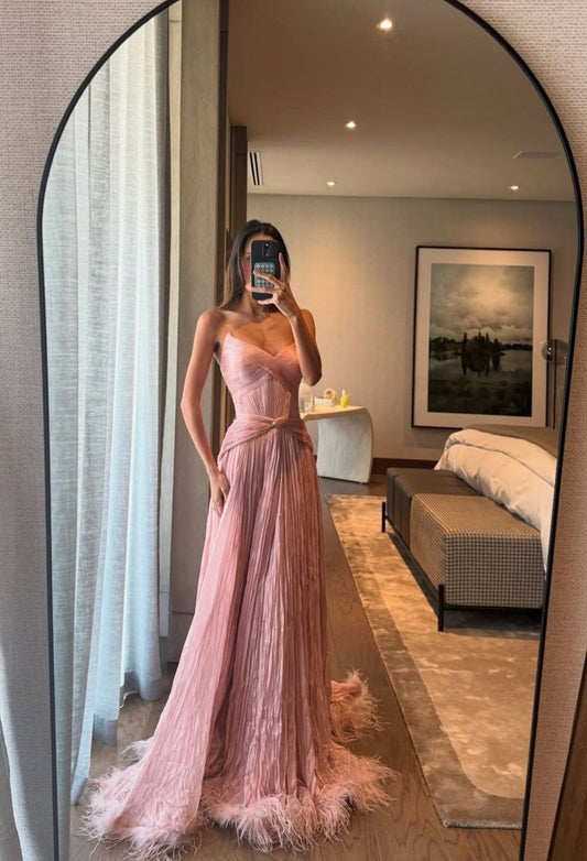 Elegant Pink A-line Long Prom Dresses Chiffon Sleeveless Pink Evening Dresses DP3918