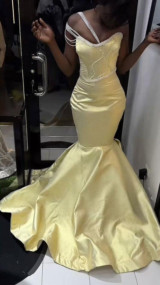 Elegant Yellow Mermaid Long Prom Dresses Yellow Birthday Dresses Satin Sleeveless Evening Dresses DP3919