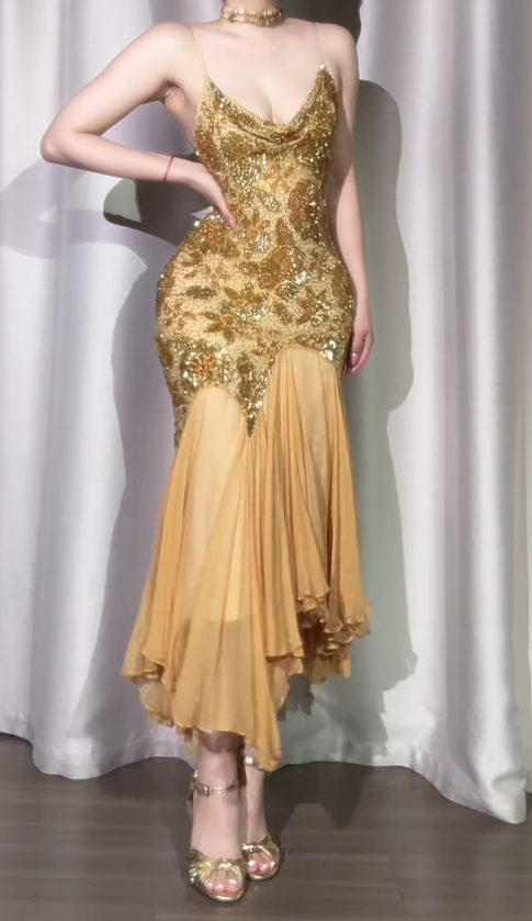 Vintage Sheath Gold Long Prom Dresses Chiffon Beaded Gold Evening Dresses DP3922